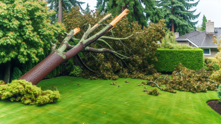 A fallen tree in a backyard