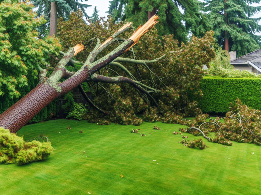 A fallen tree in a backyard