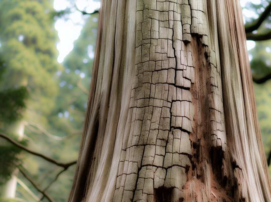 A close-up of a tree trunk with large vertical cracks