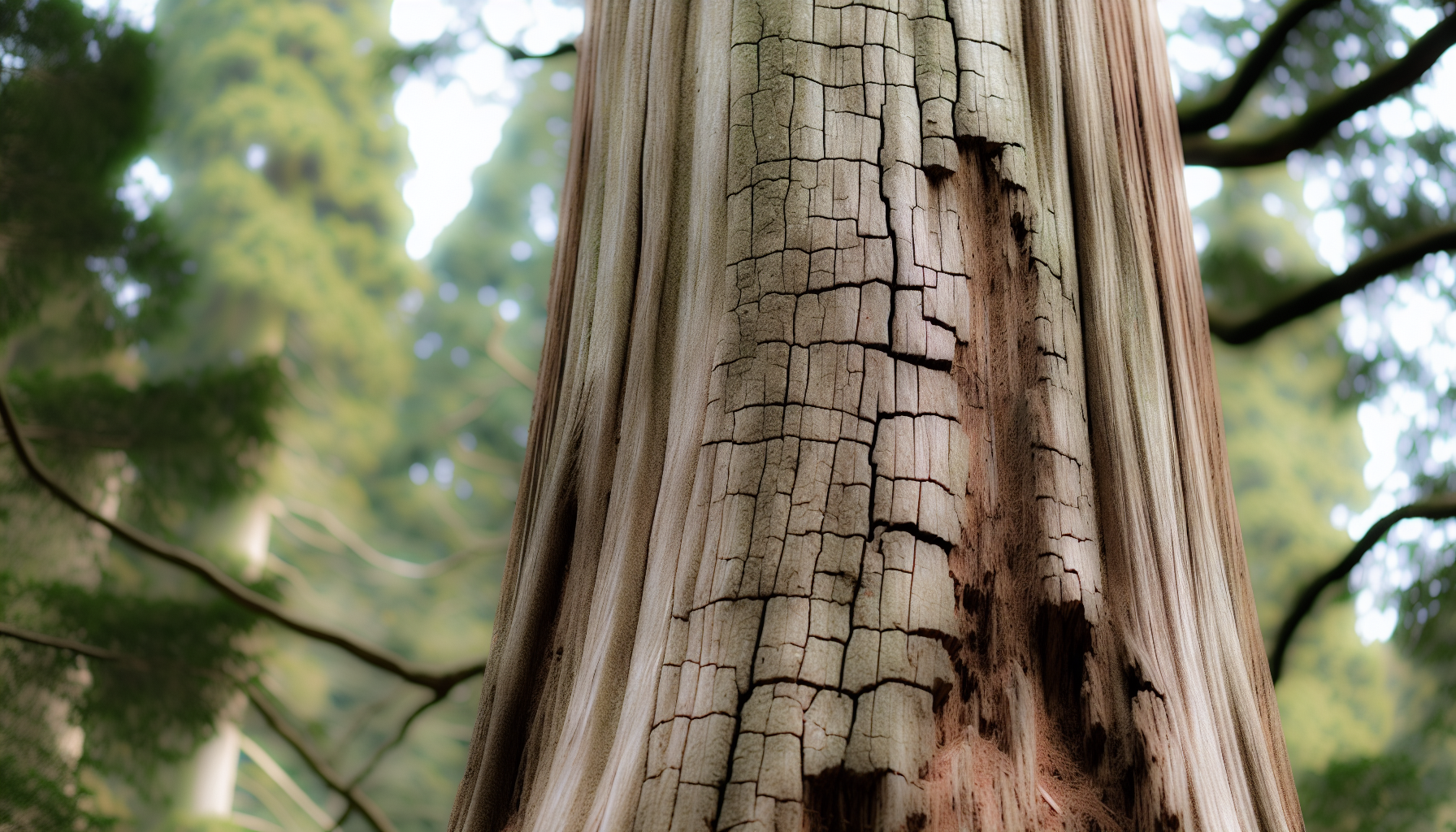 A close-up of a tree trunk with large vertical cracks
