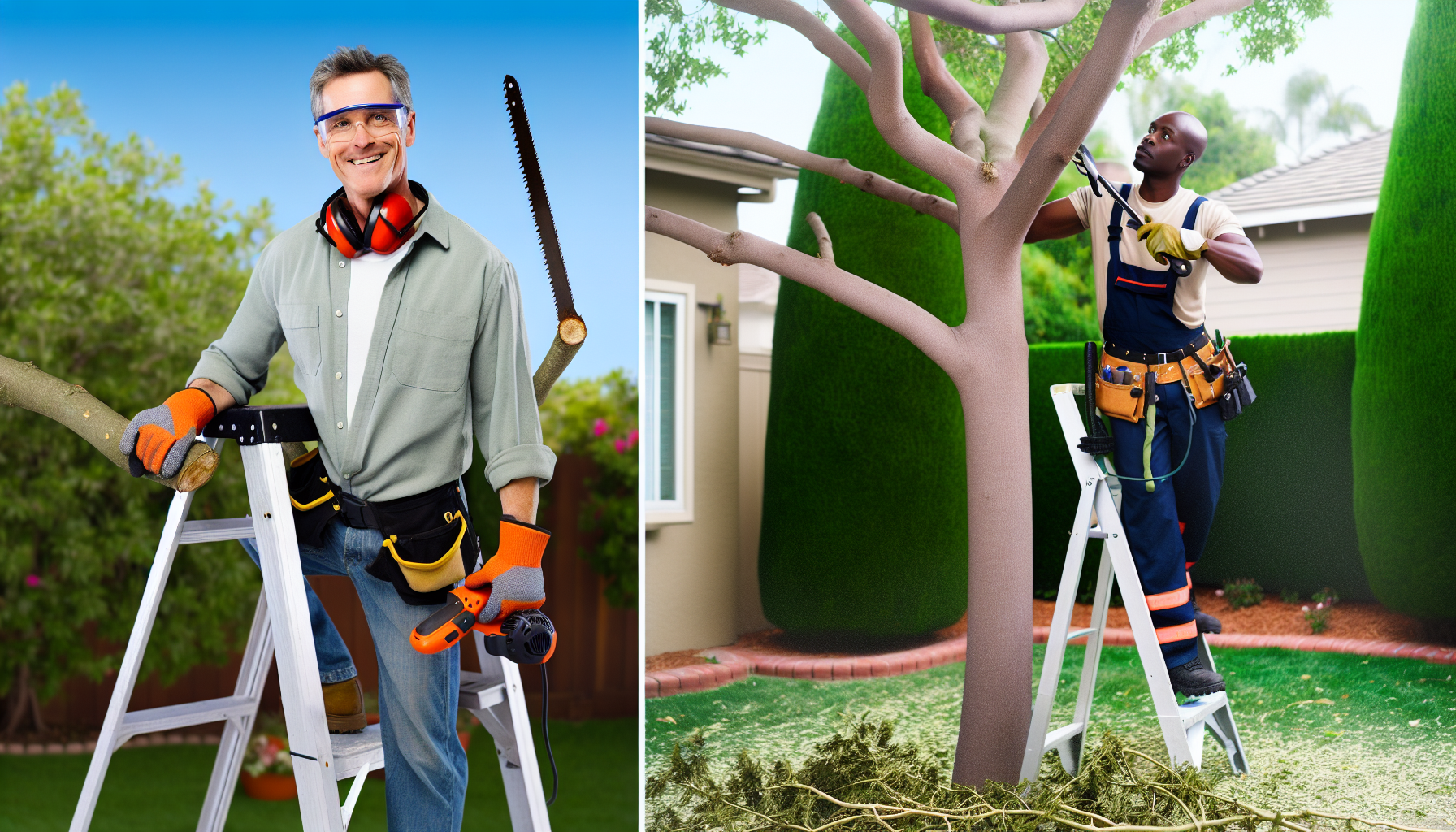 A photo showing the difference between DIY and professional tree pruning