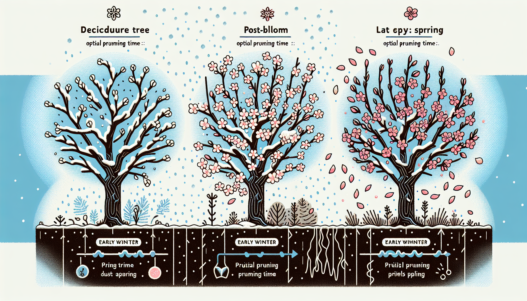 An illustration depicting the ideal pruning times for different tree types