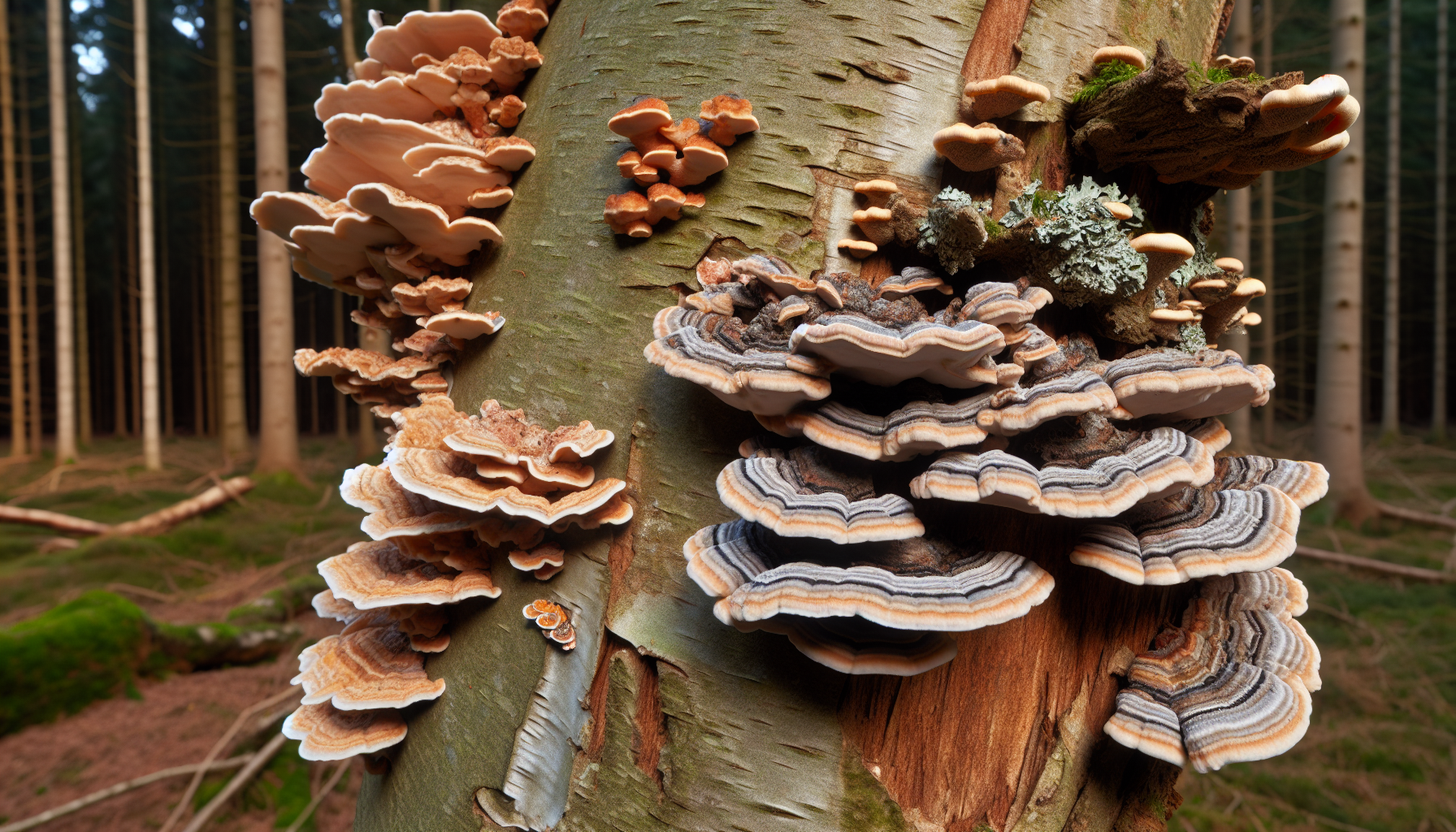Various types of tree fungus growing on tree bark