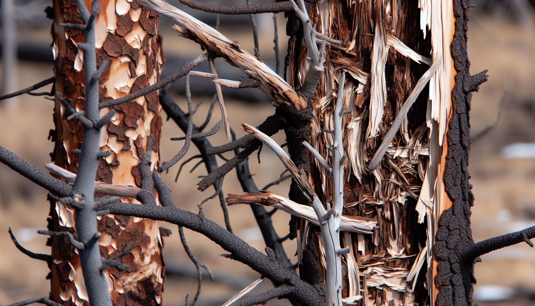 A close-up of tree bark with peeling bark and dead branches