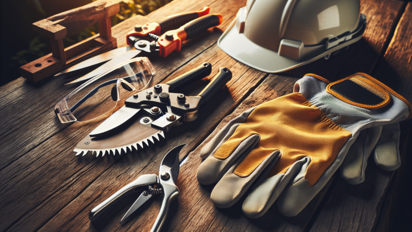 A set of pruning shears, a pruning saw, and safety gear including a helmet, safety glasses, and gloves