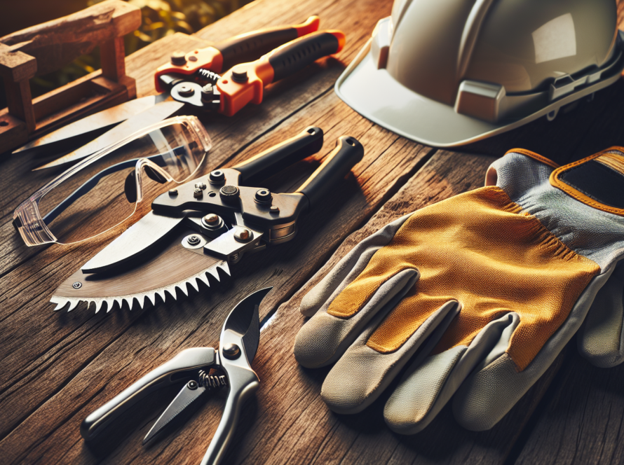 A set of pruning shears, a pruning saw, and safety gear including a helmet, safety glasses, and gloves