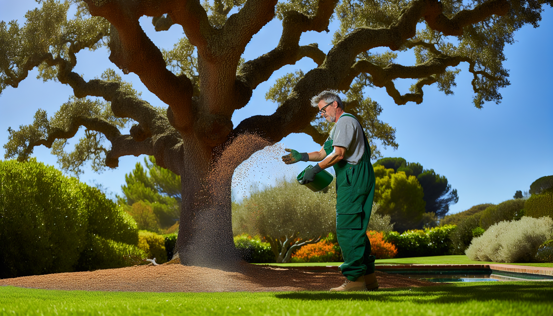 Application of fertilizer around the drip line of an oak tree