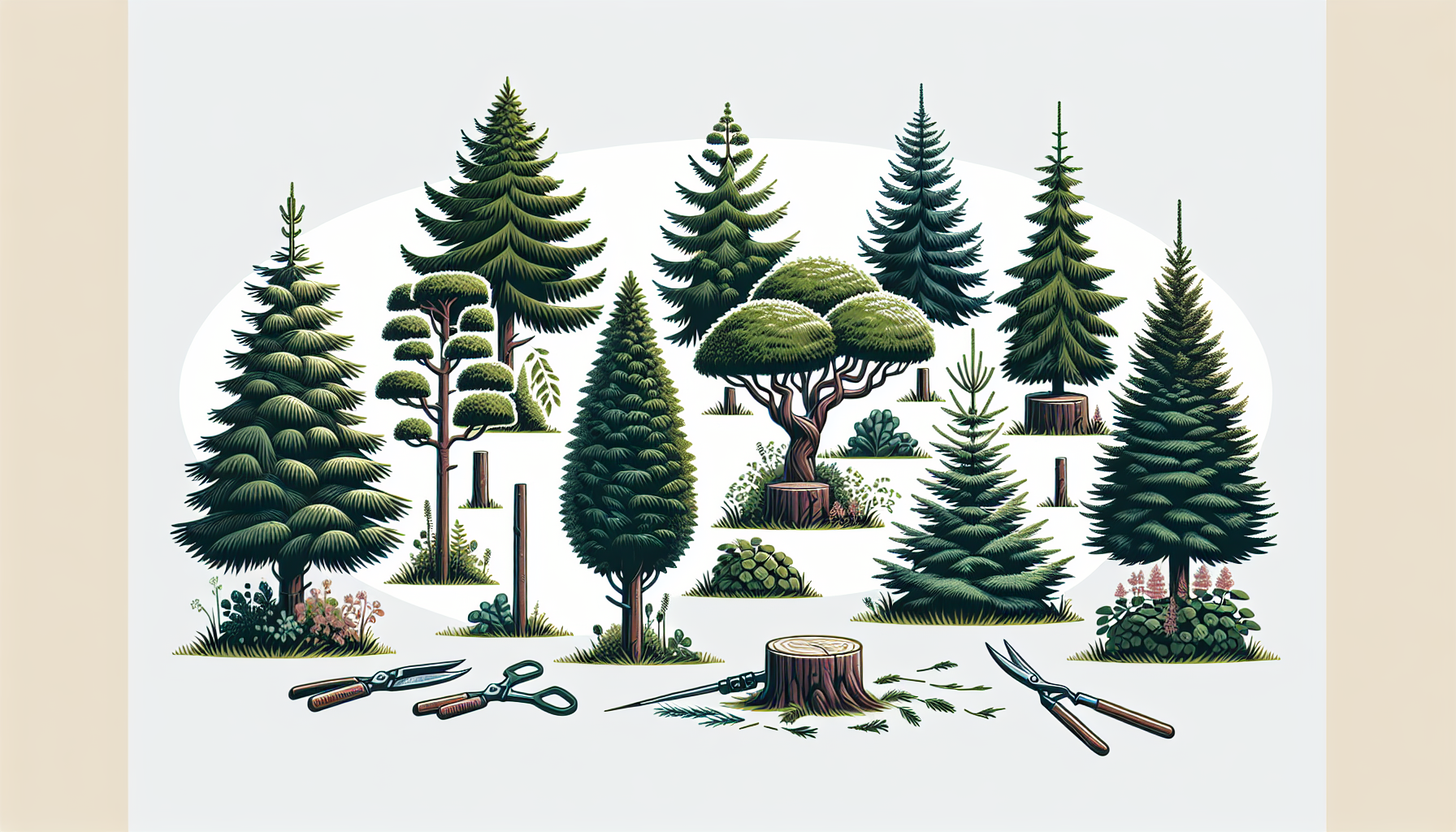 Illustration of pruning techniques for different evergreen tree types