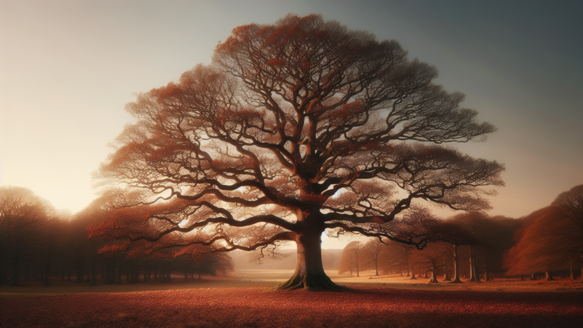 Illustration of an oak tree in late fall with trimmed branches