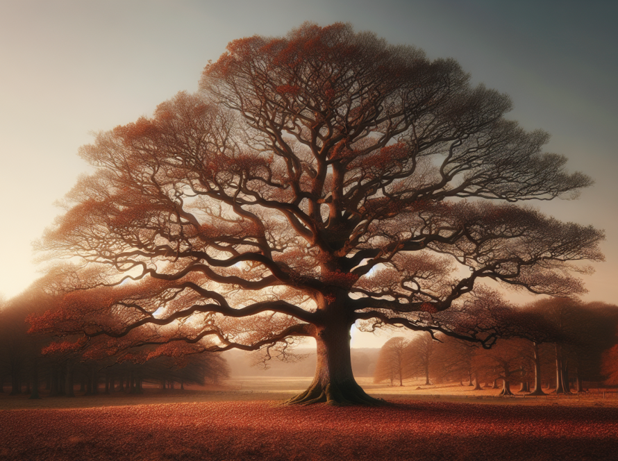 Illustration of an oak tree in late fall with trimmed branches