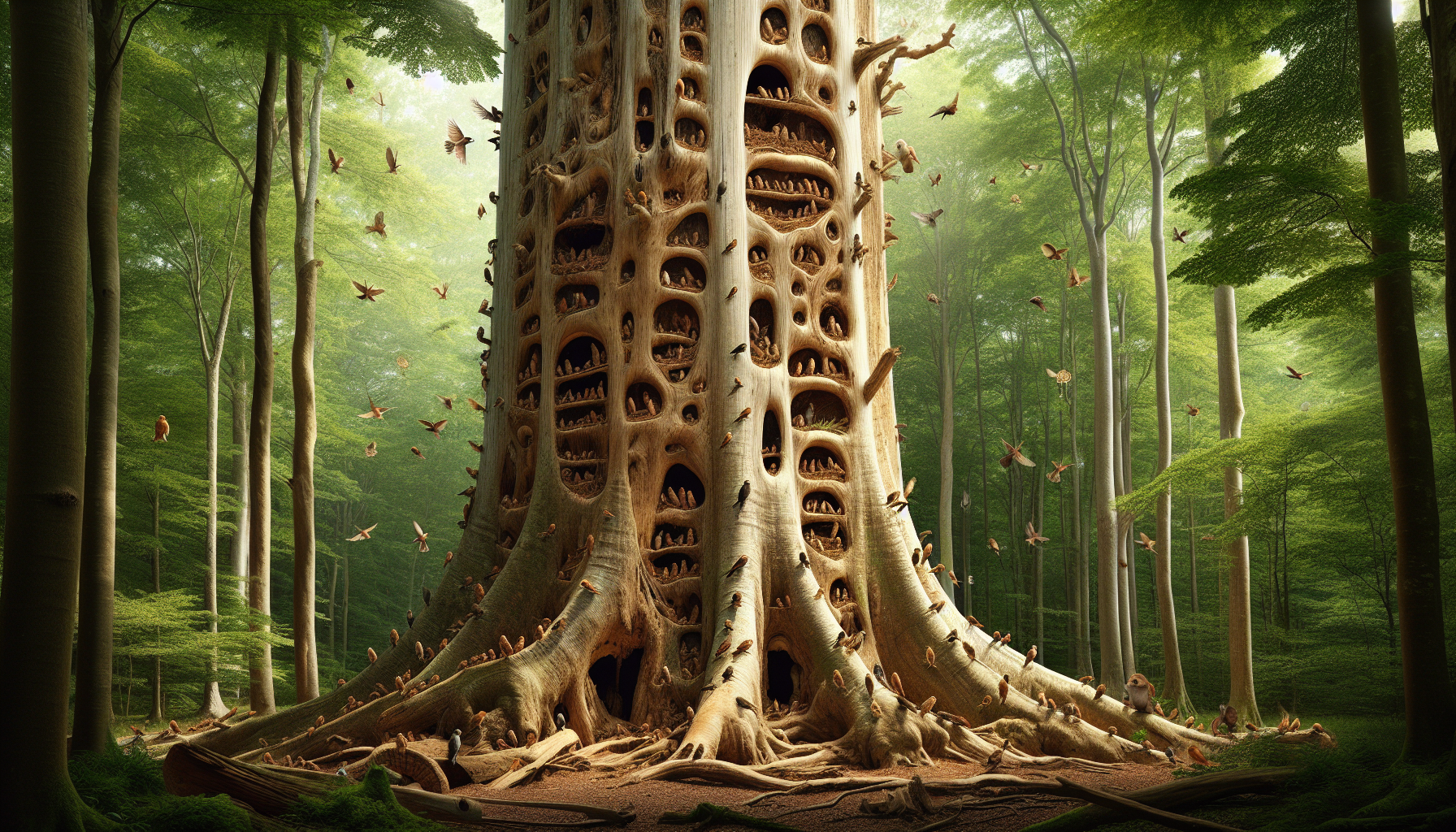 Illustration of girdled tree providing habitat for wildlife