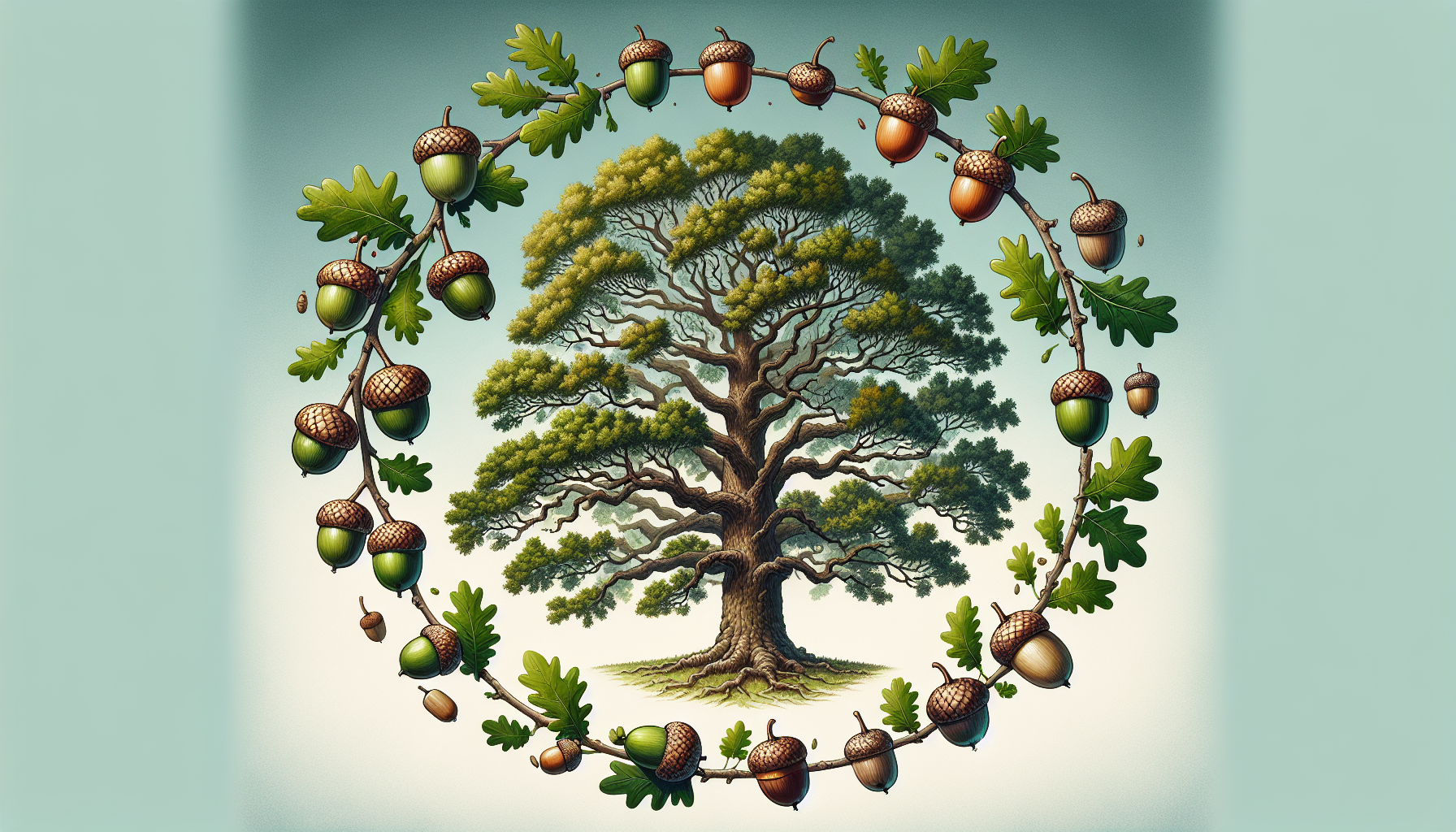 Illustration of an oak tree producing acorns