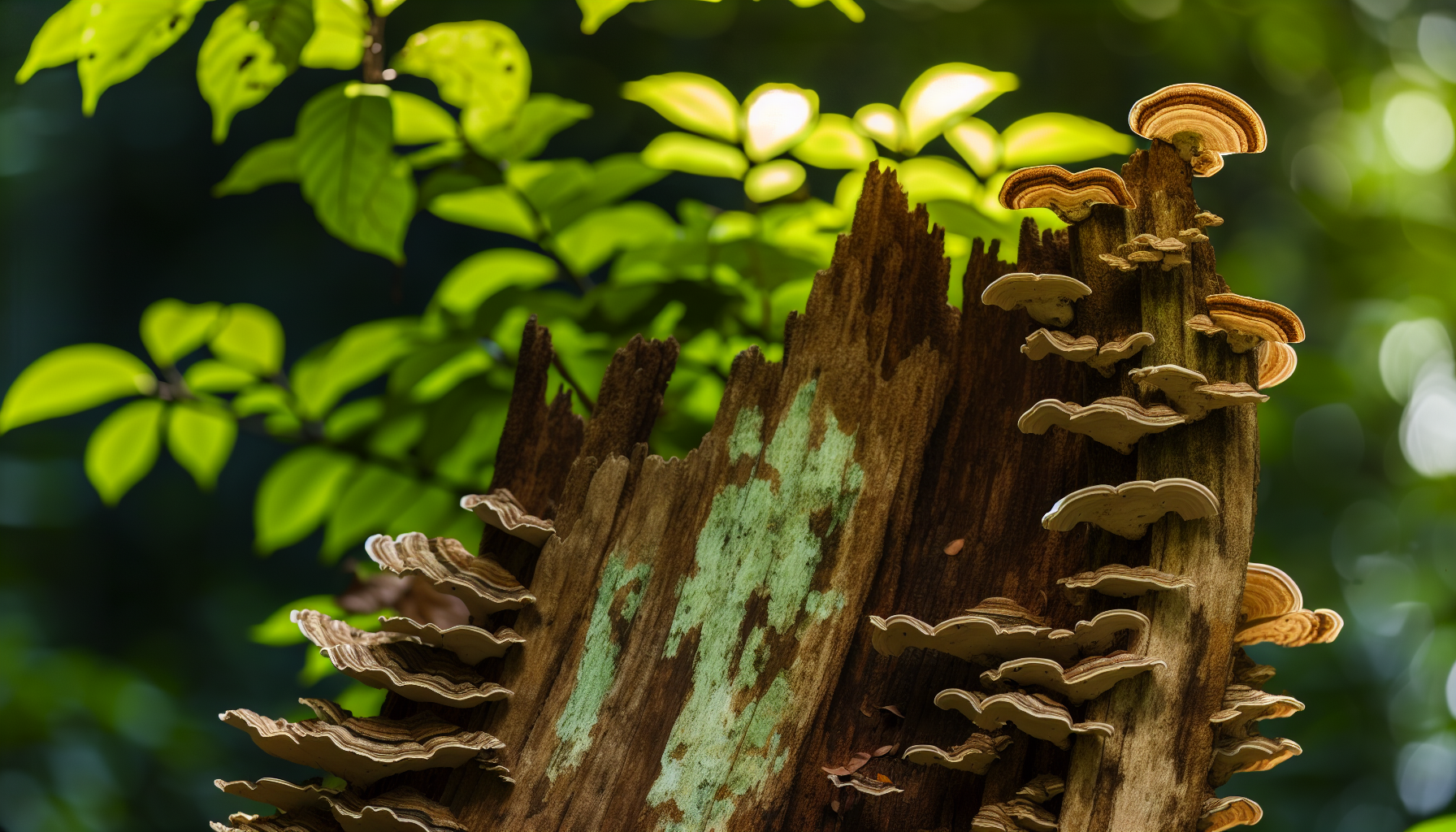 Fungus growth on a tree trunk with green leaves in the background