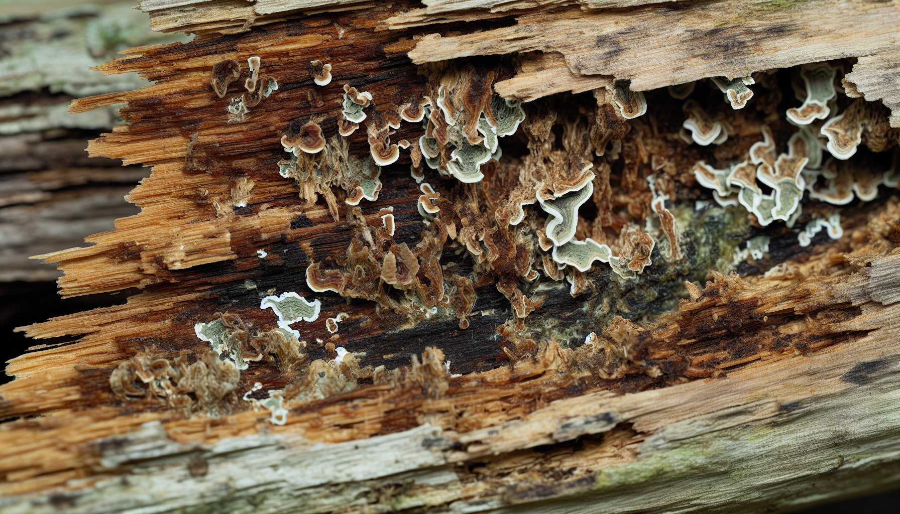 Decaying wood with visible wood decay fungi