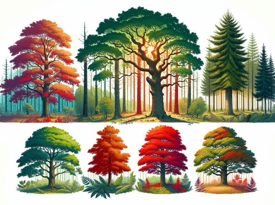 Illustration of different oak tree species