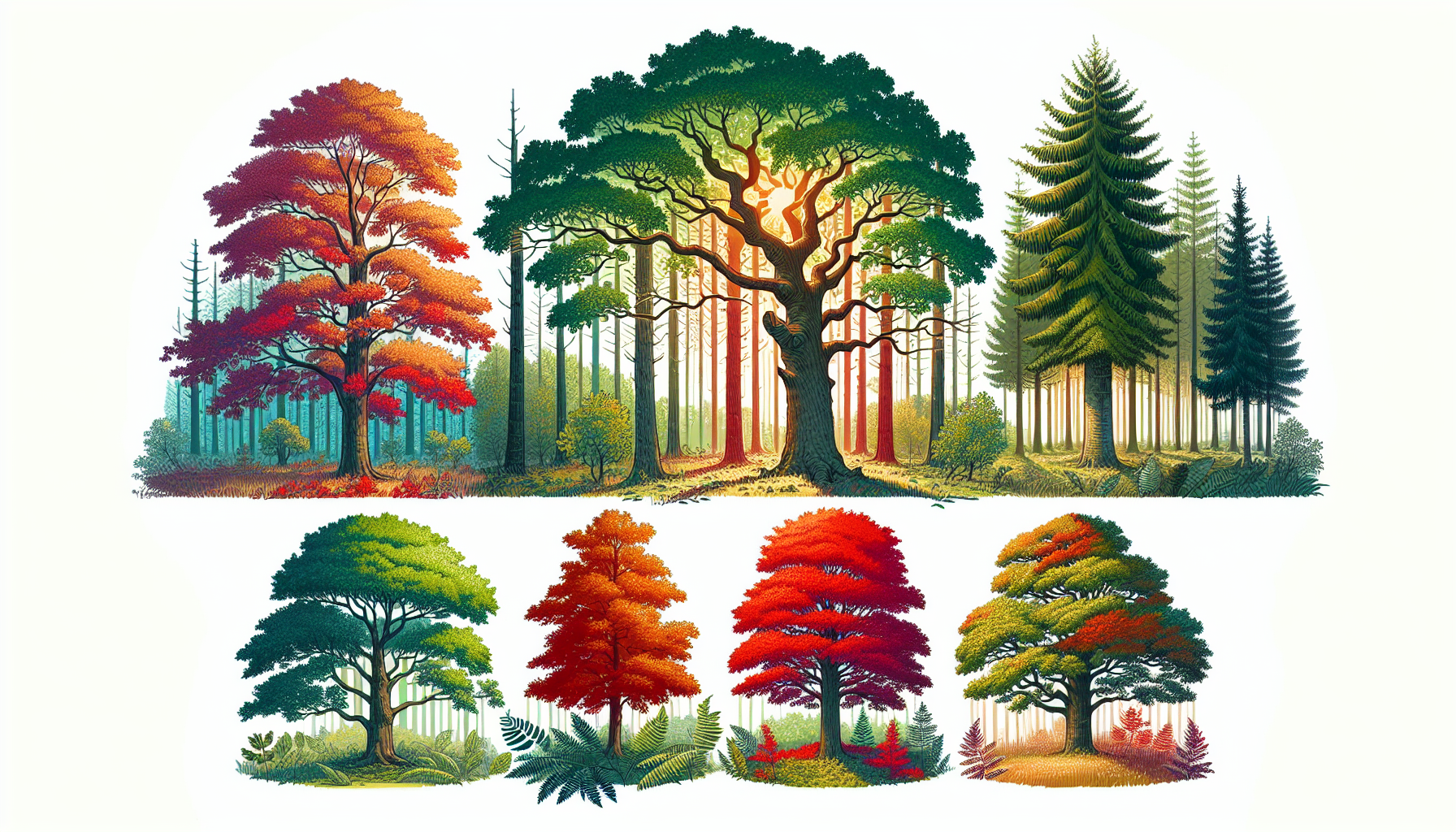Illustration of different oak tree species