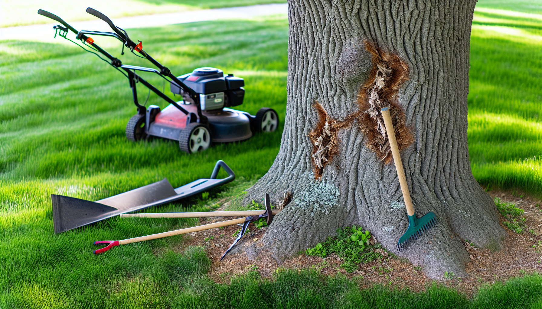 Photo of lawn equipment near a tree trunk