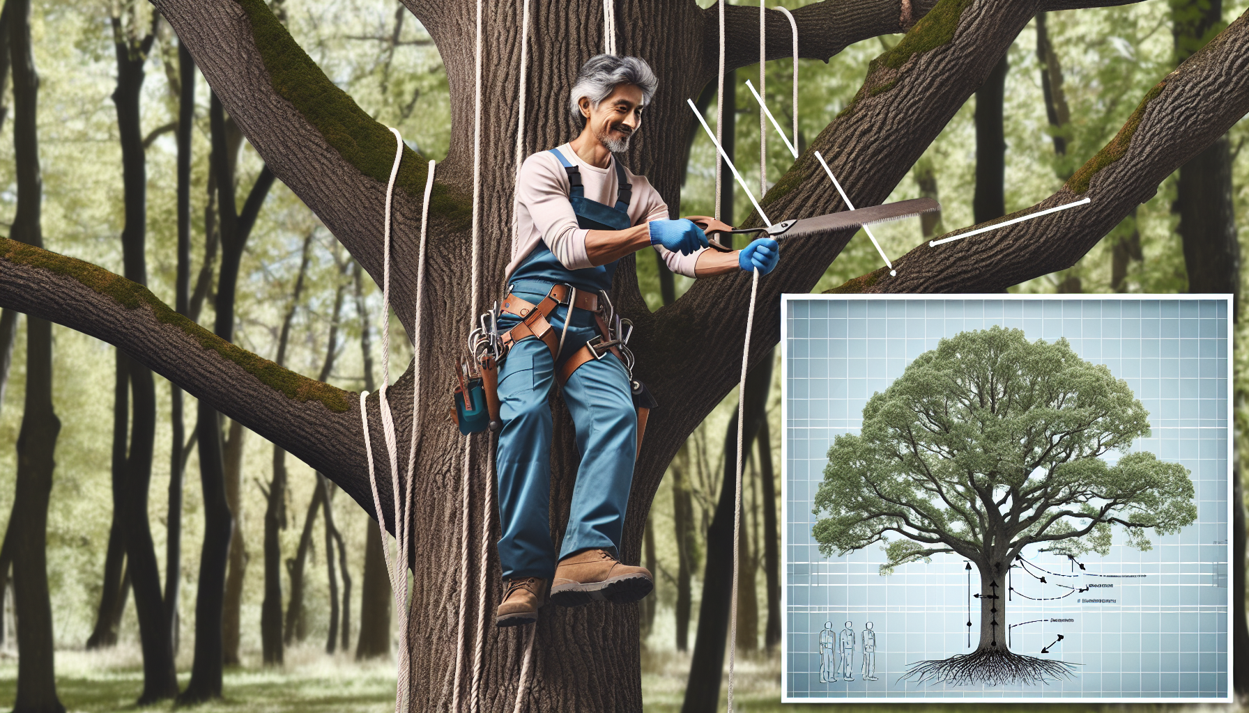 Illustration depicting mature oak tree trimming considerations