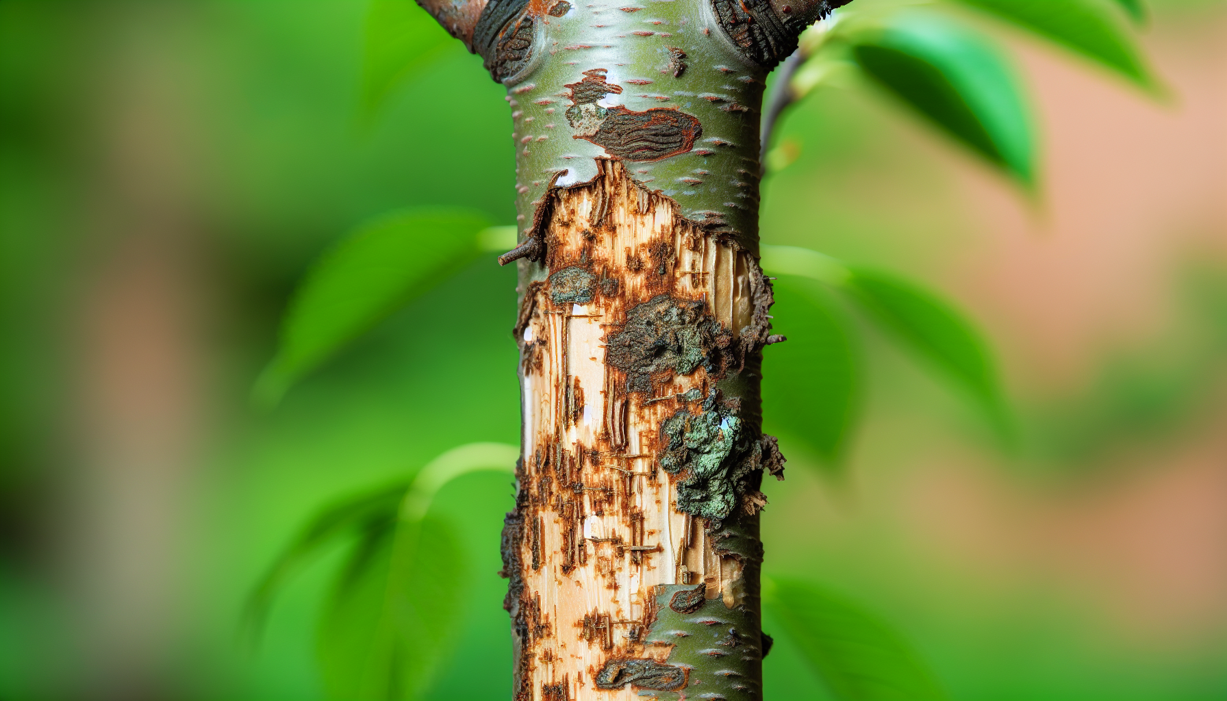 A close-up photo of a vertical tree limb with visible signs of decay and disease