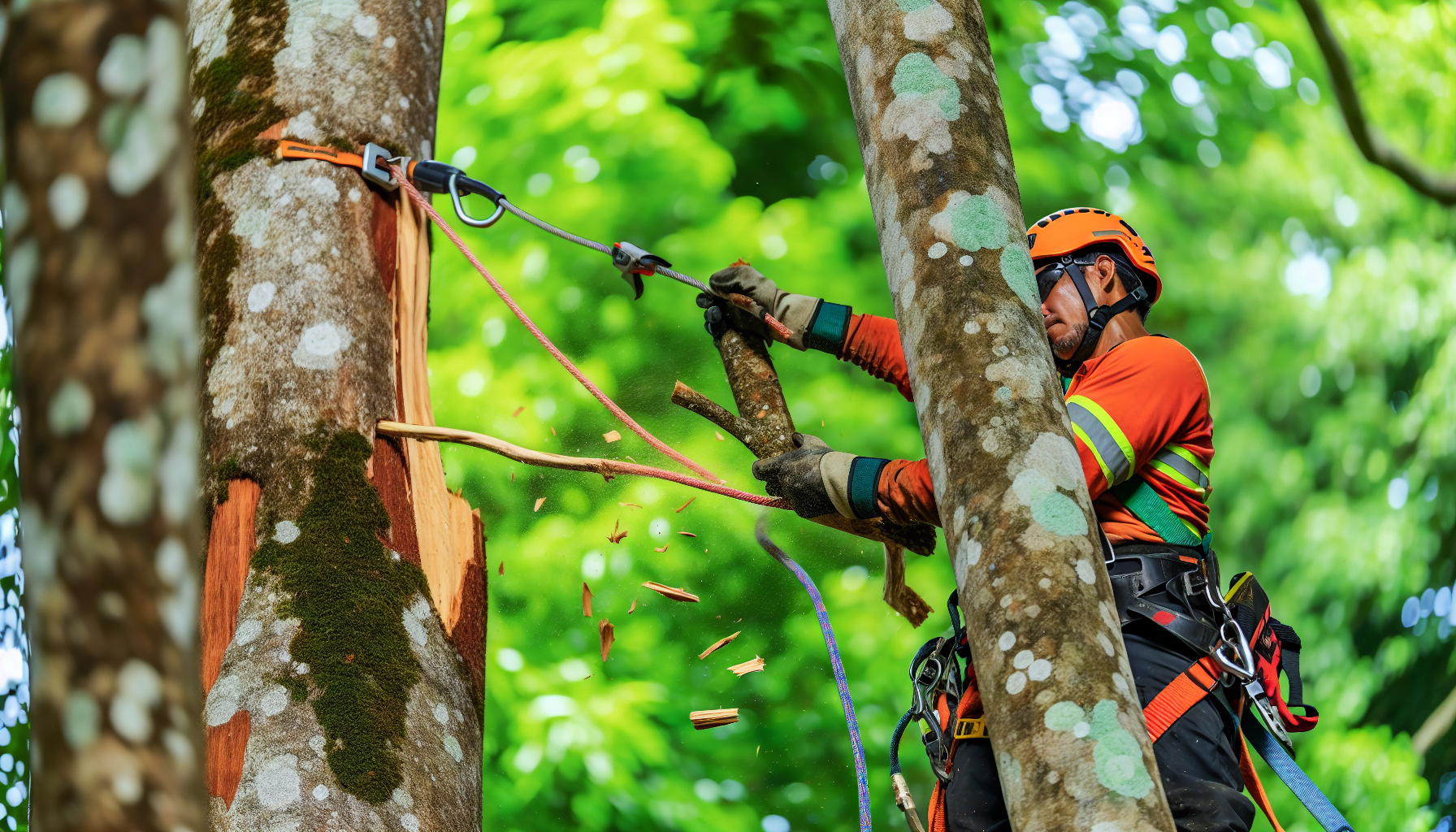 A professional arborist using specialized equipment to remove a large tree limb safely